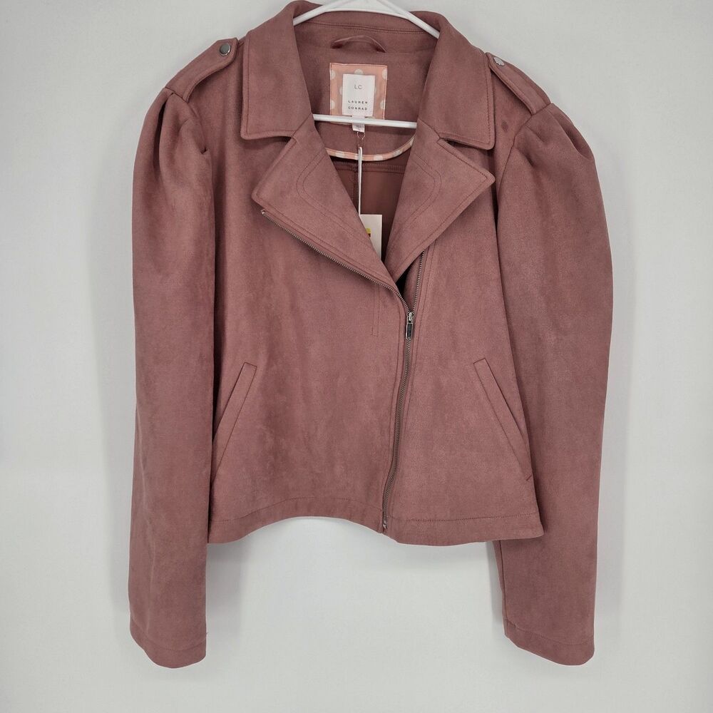 Lauren Conrad Womens XL Rose Faux Suede Puffed Sleeve Moto Jacket NWT